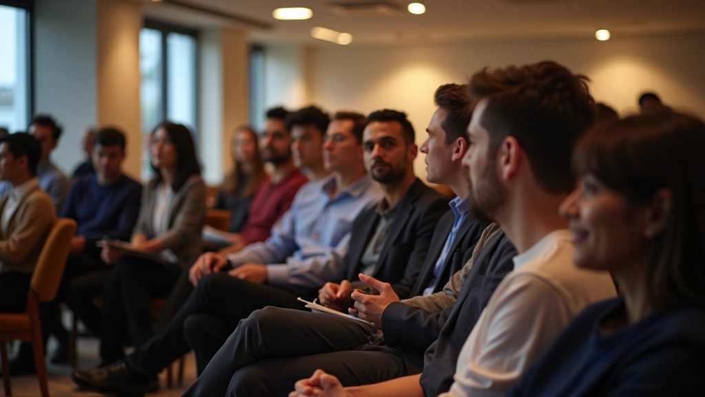 Group of professionals in business casual clothing having conversations in modern event space, multiple people visible, warm ambient lighting
