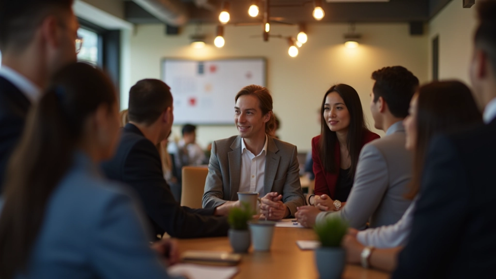 Professional networking event with people having conversations in modern office space, natural lighting, candid moment