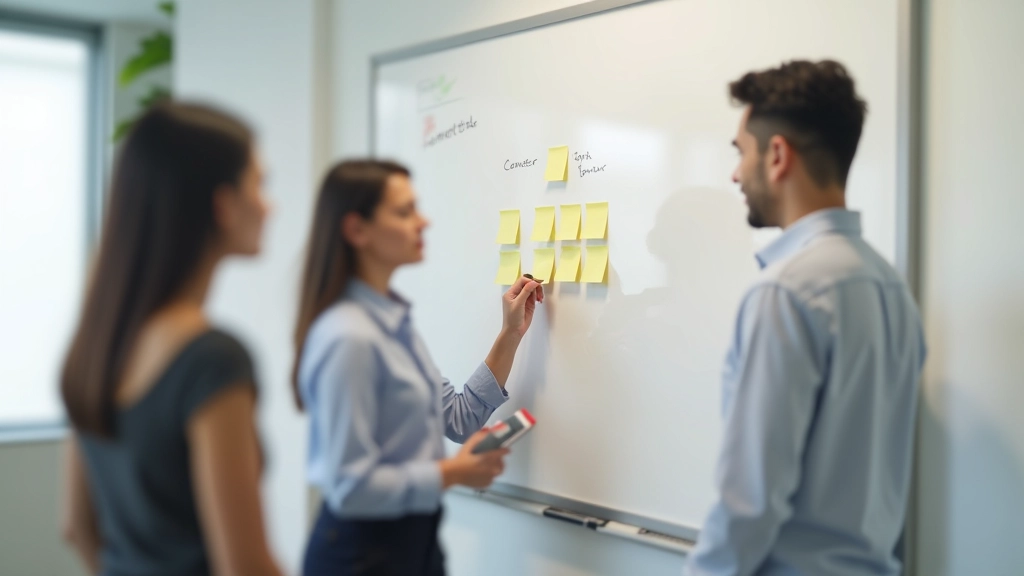 Group of colleagues from different backgrounds collaborating on a whiteboard with sticky notes in a creative workshop setting