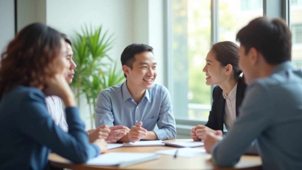 Professional team members from diverse backgrounds having a respectful discussion at a modern office meeting table with notebooks and pens