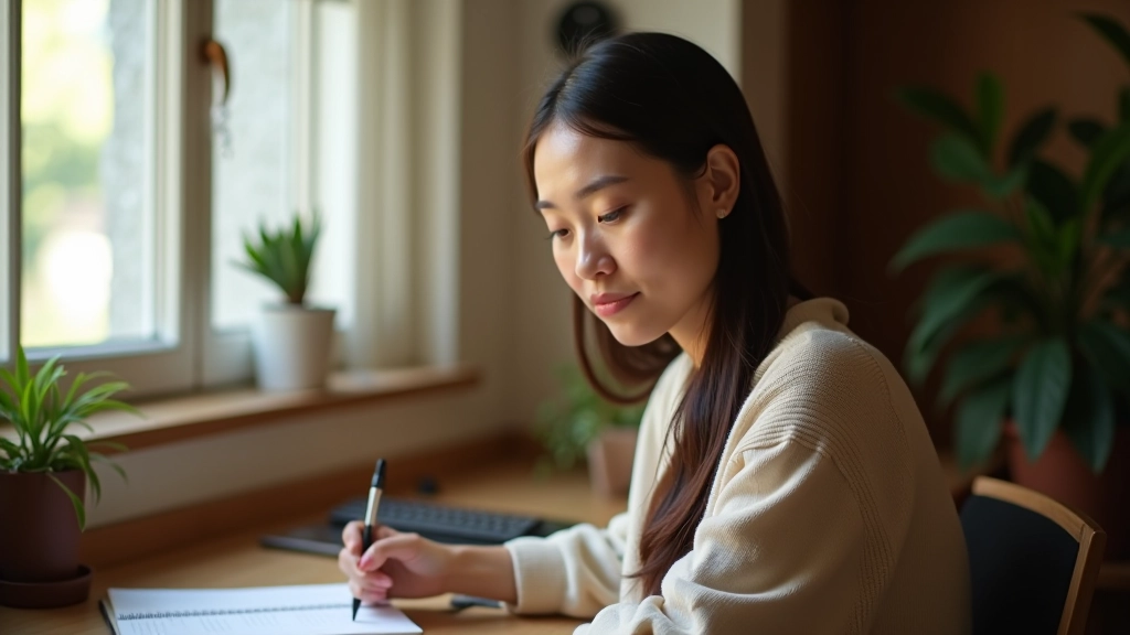 Person reflecting thoughtfully, journaling progress and celebrating small daily wins toward building confidence