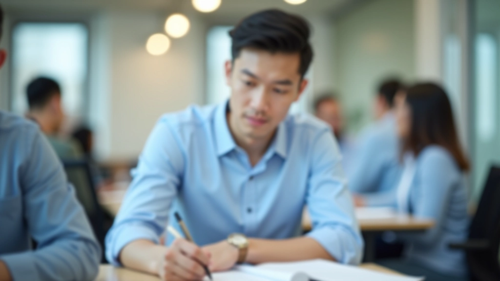 Person taking notes during a team meeting with colleagues visible around a conference table