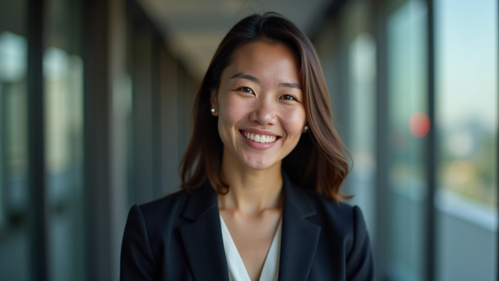 Professional woman at networking event, portrait from chest up, confident expression, modern business casual clothing, soft lighting, clear background