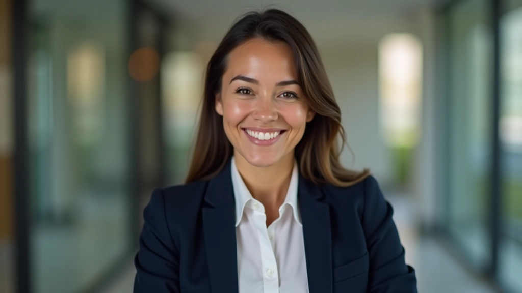 Woman in business attire smiling confidently during a professional networking event with colleagues in background